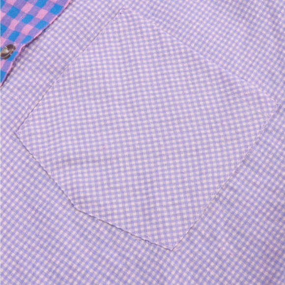 Lightweight Purple & Pink Checkered Plaid Button Down Top, Frayed Hem - Picture 12 of 15